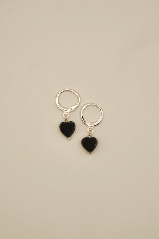 Sterling silver subtle heart onyx earrings