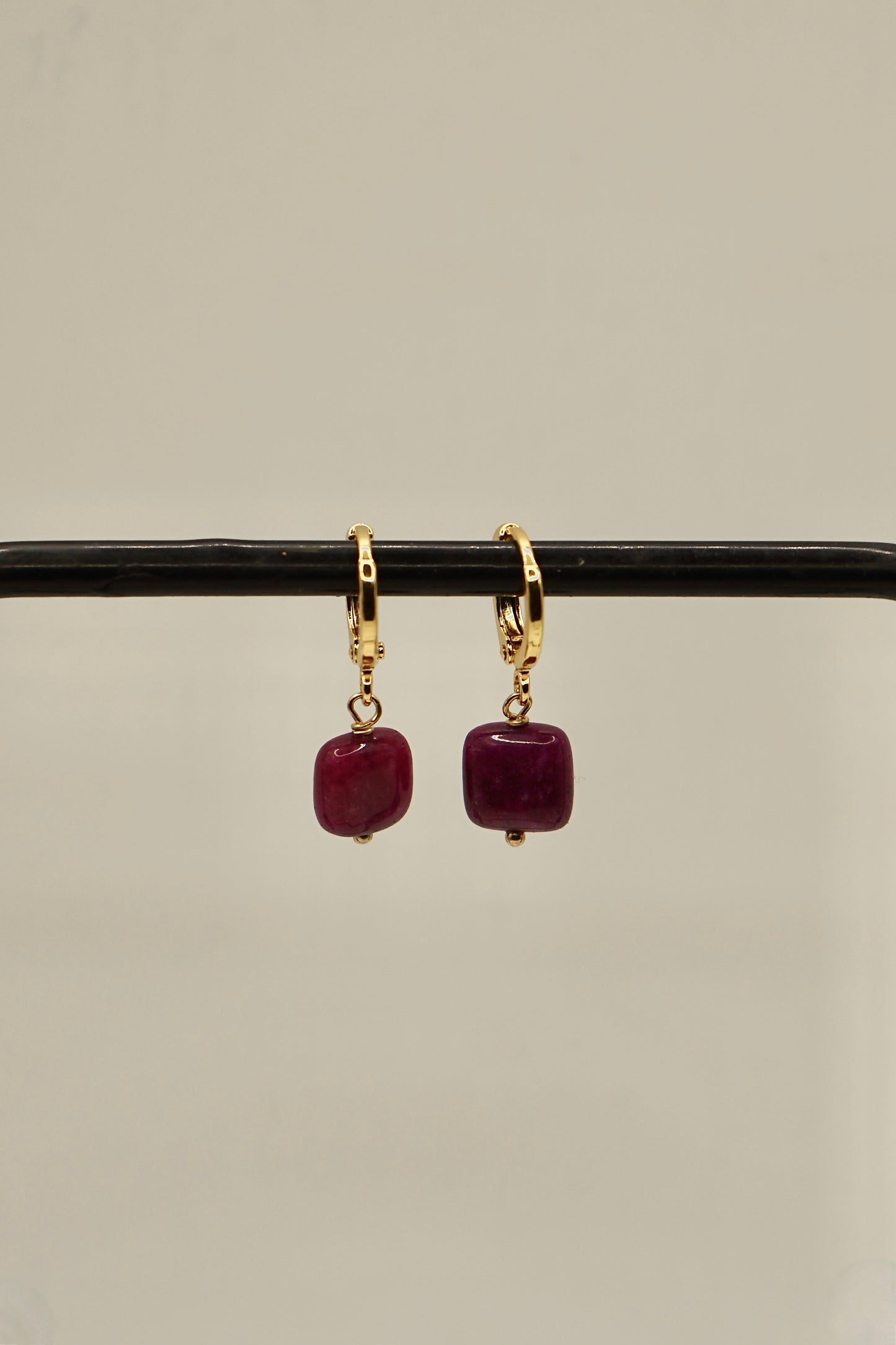 14k gold fill rounded square plum jade earrings