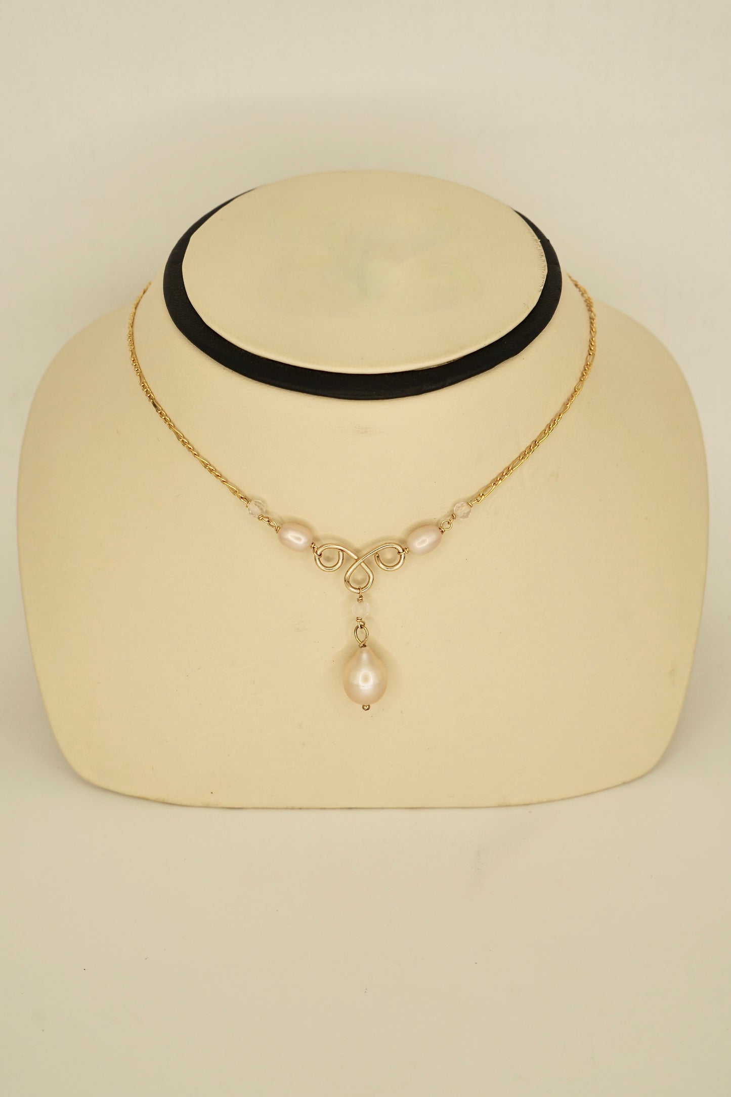 14K GF Genuine Pearl and Rose Quartz Twist Lariat Necklace