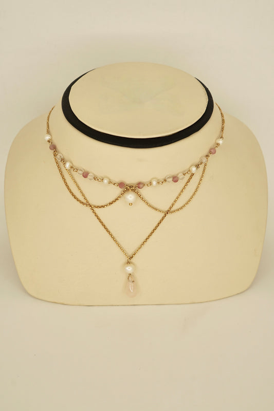 14K GF Genuine Pearl, Rose Quartz, and Pink Tourmoline Layered Necklace